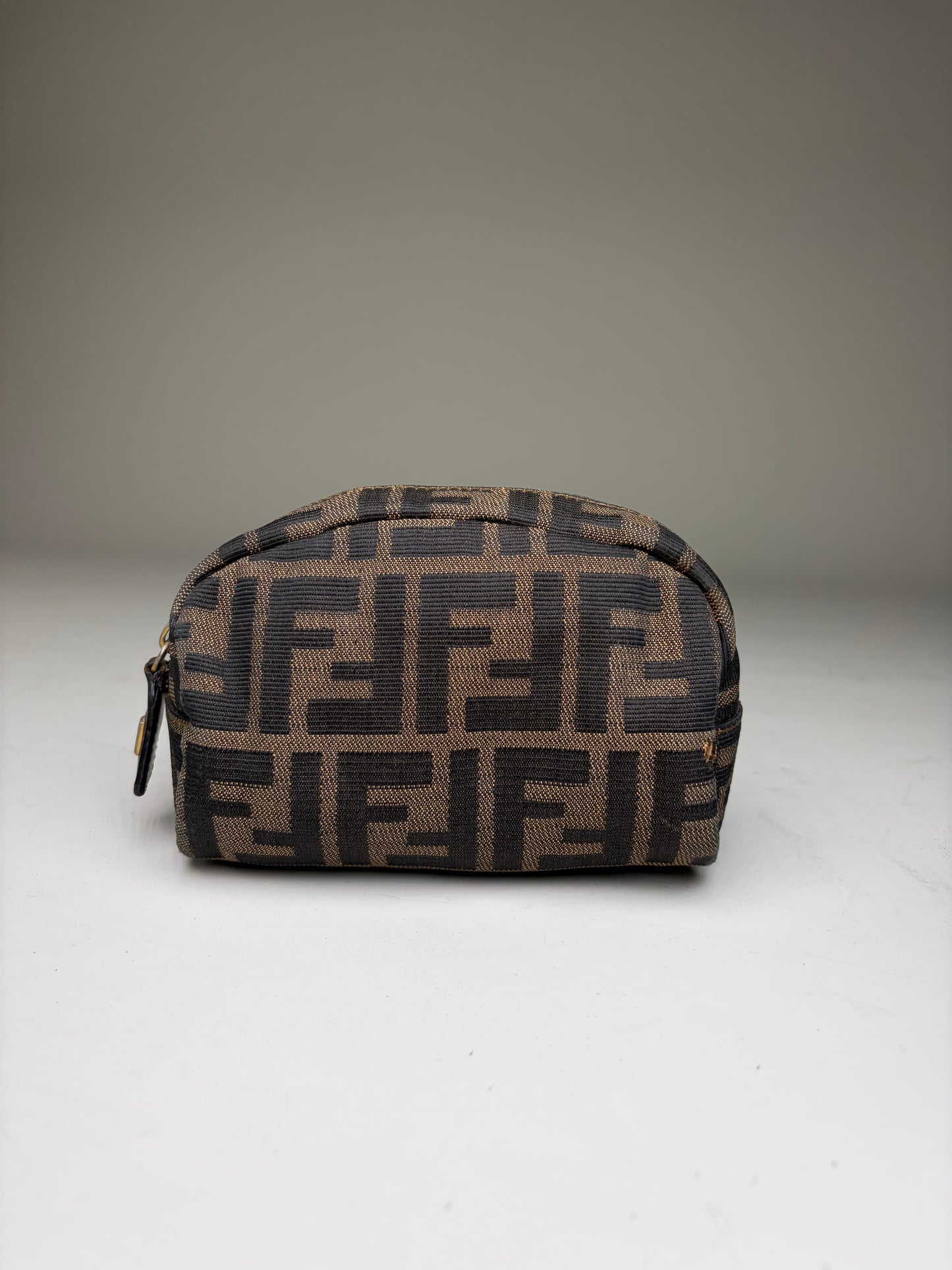 Vintage Fendi FF Logo Jacquard Cosmetic Pouch Brown Tan