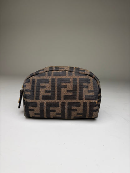 Vintage Fendi FF Logo Jacquard Cosmetic Pouch Brown Tan
