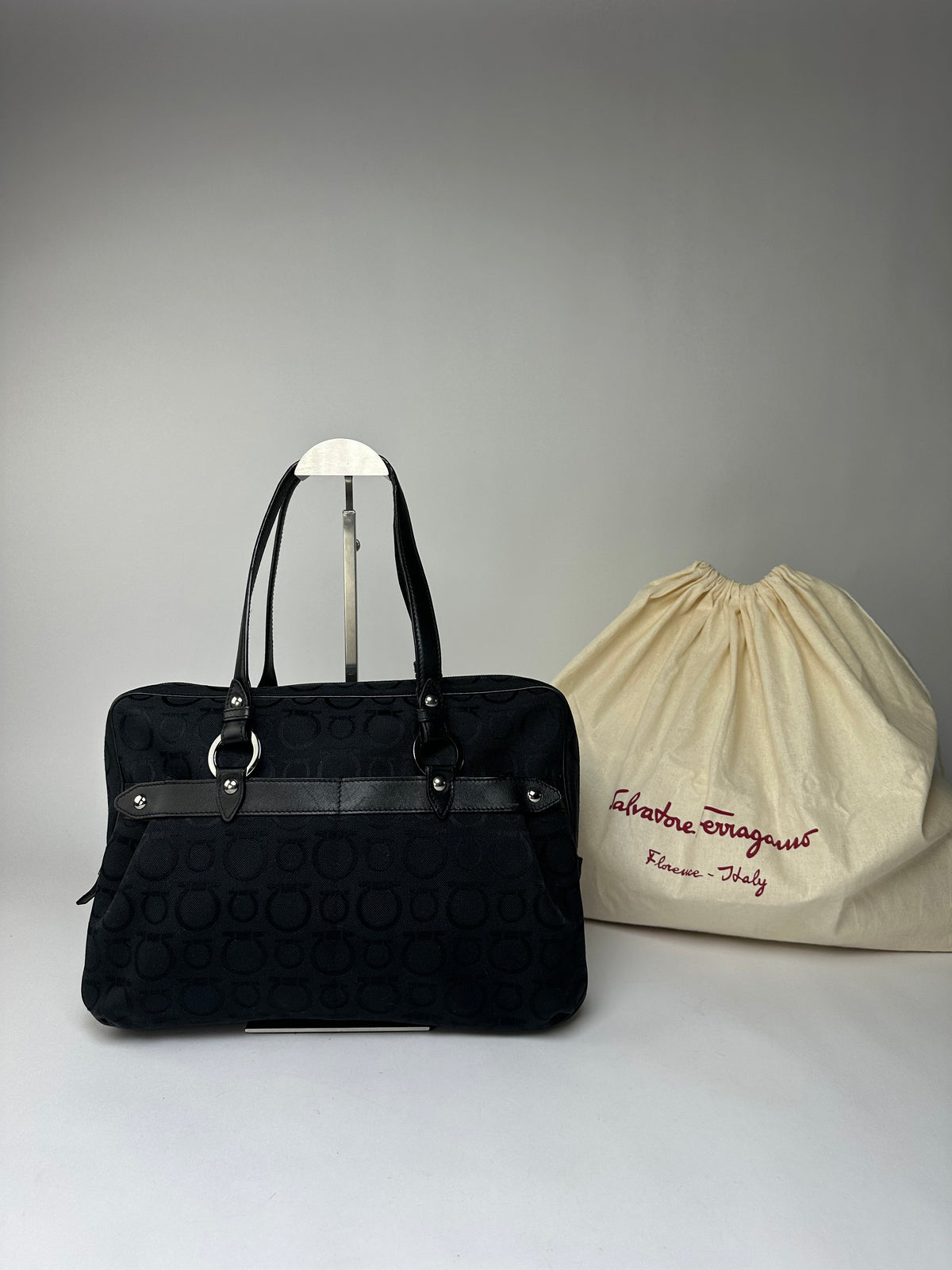 Vintage Ferragamo Gancini Monogram Structured Top-Handle Bag Late 1990s Black