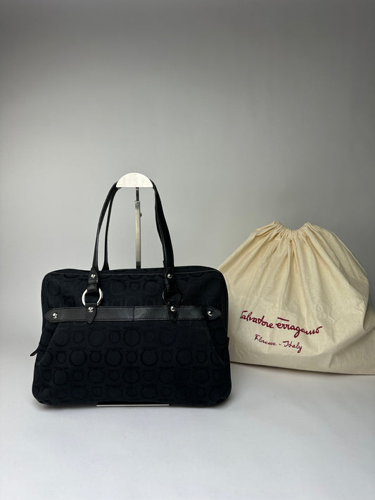 Vintage Ferragamo Gancini Monogram Structured Top-Handle Bag Late 1990s Black