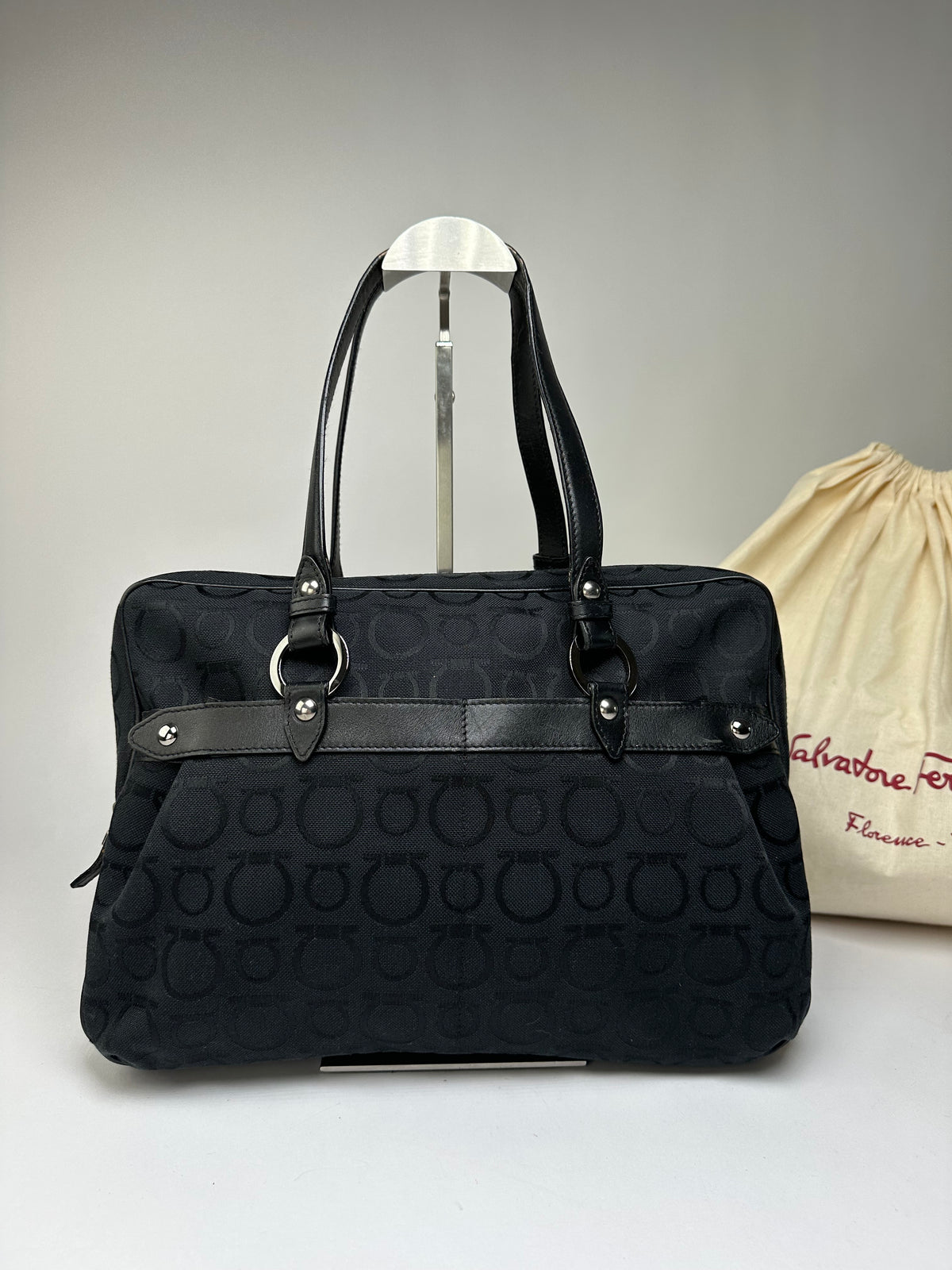 Vintage Ferragamo Gancini Monogram Structured Top-Handle Bag Late 1990s Black
