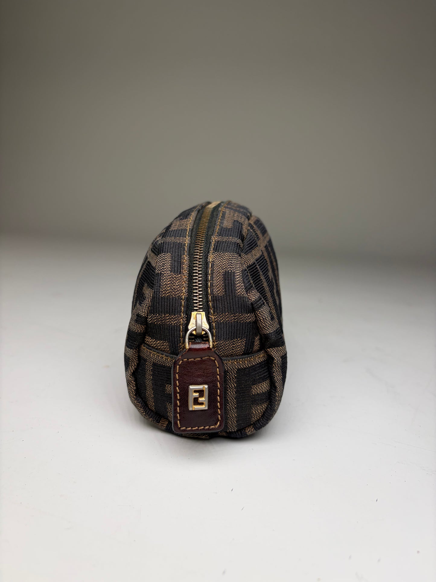 Vintage Fendi FF Logo Jacquard Cosmetic Pouch Brown Tan