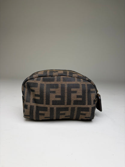 Vintage Fendi FF Logo Jacquard Cosmetic Pouch Brown Tan
