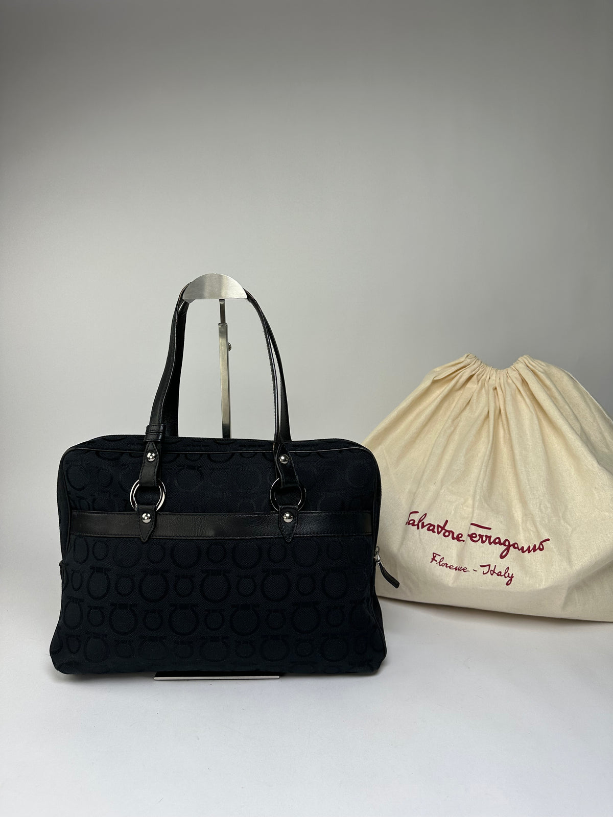 Vintage Ferragamo Gancini Monogram Structured Top-Handle Bag Late 1990s Black
