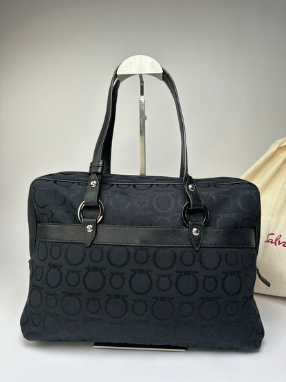 Vintage Ferragamo Gancini Monogram Structured Top-Handle Bag Late 1990s Black