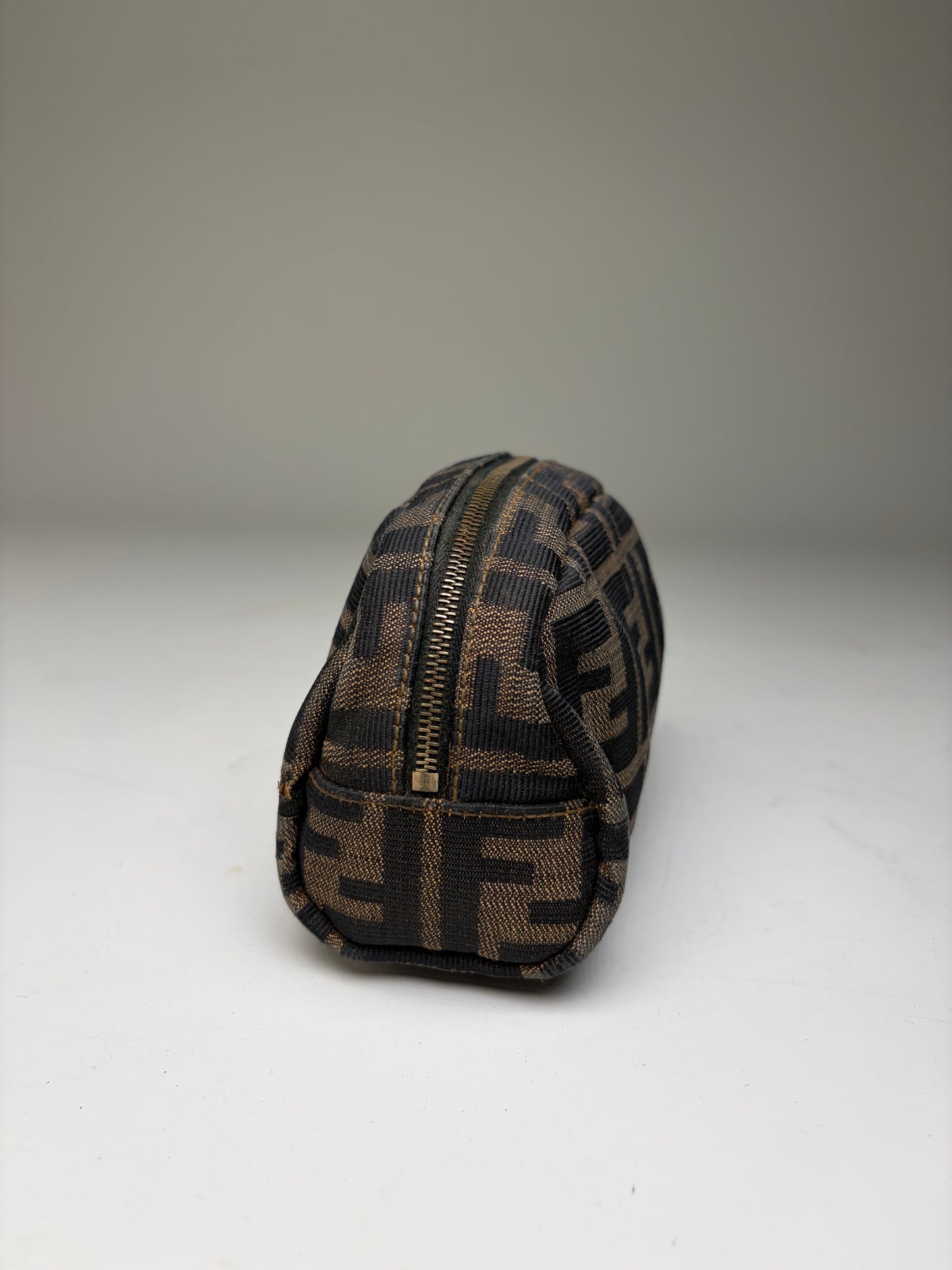 Vintage Fendi FF Logo Jacquard Cosmetic Pouch Brown Tan