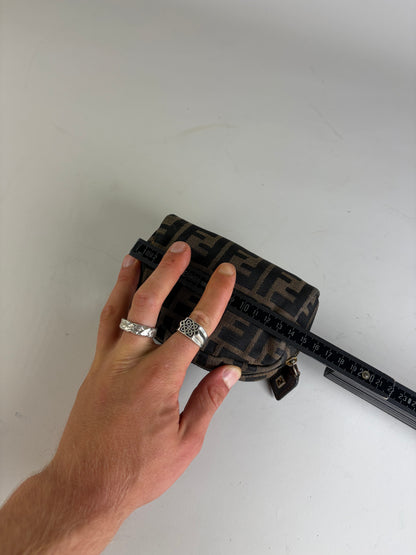 Vintage Fendi FF Logo Jacquard Cosmetic Pouch Brown Tan