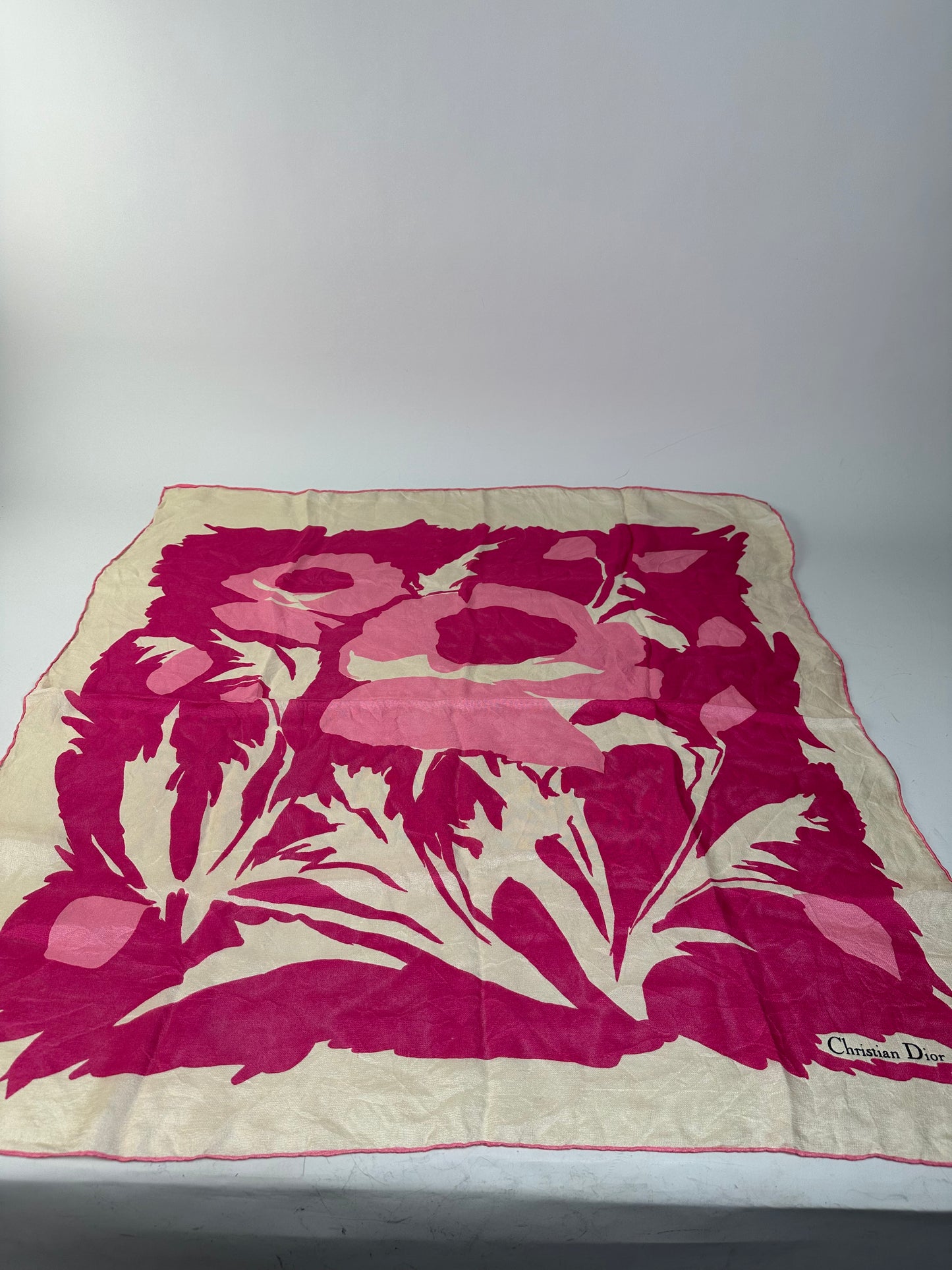 Vintage Dior Silk Foulard Scarf Cream Hot Pink