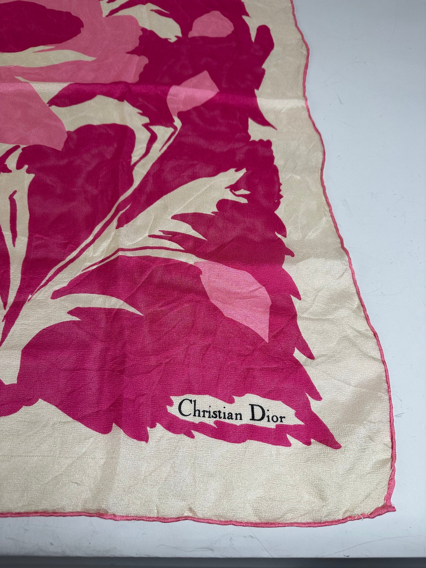 Vintage Dior Silk Foulard Scarf Cream Hot Pink
