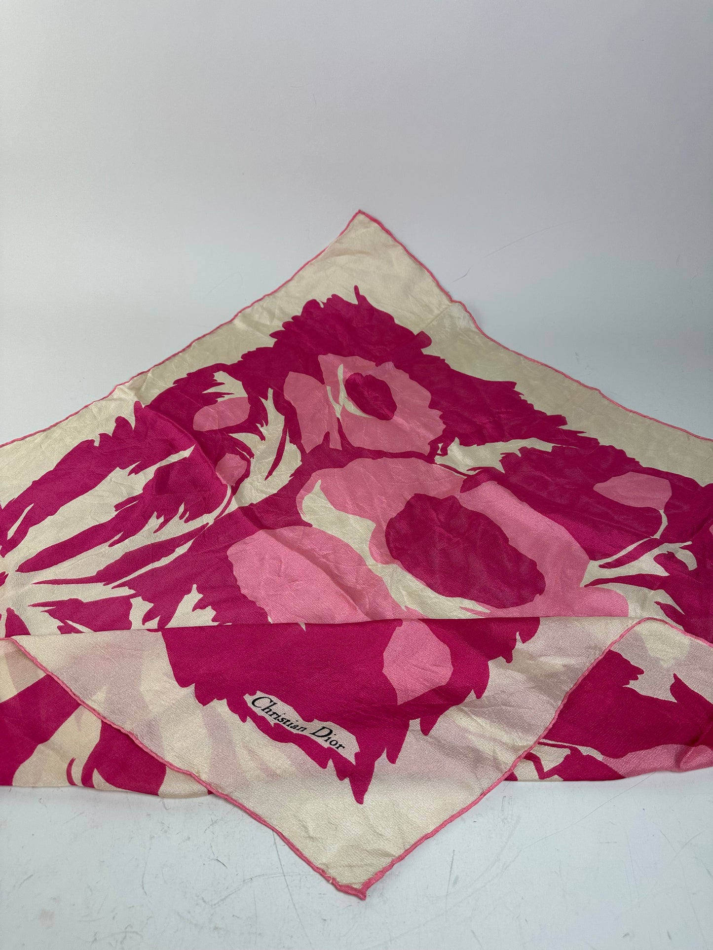 Vintage Dior Silk Foulard Scarf Cream Hot Pink