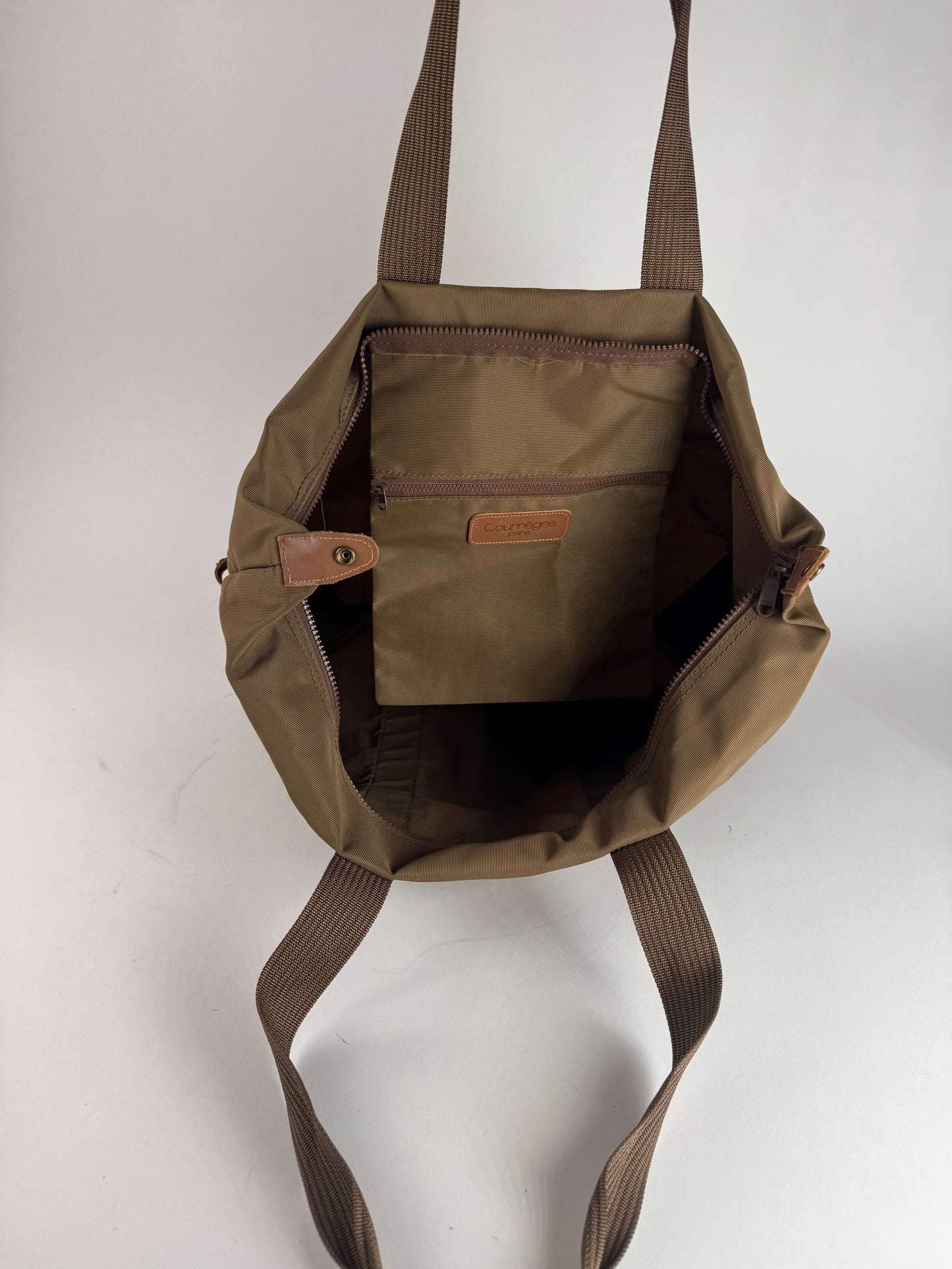 Vintage Courreges Paris Polyester Travel Bag Khaki Brown