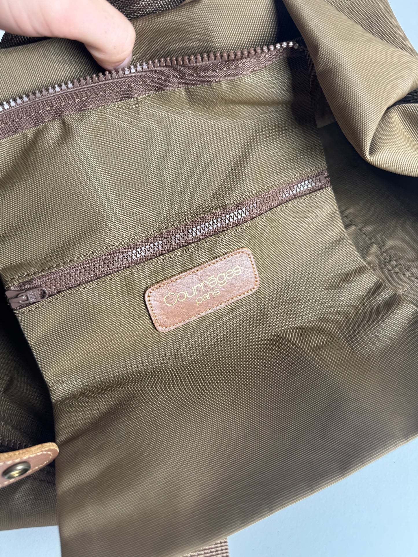 Vintage Courreges Paris Polyester Travel Bag Khaki Brown