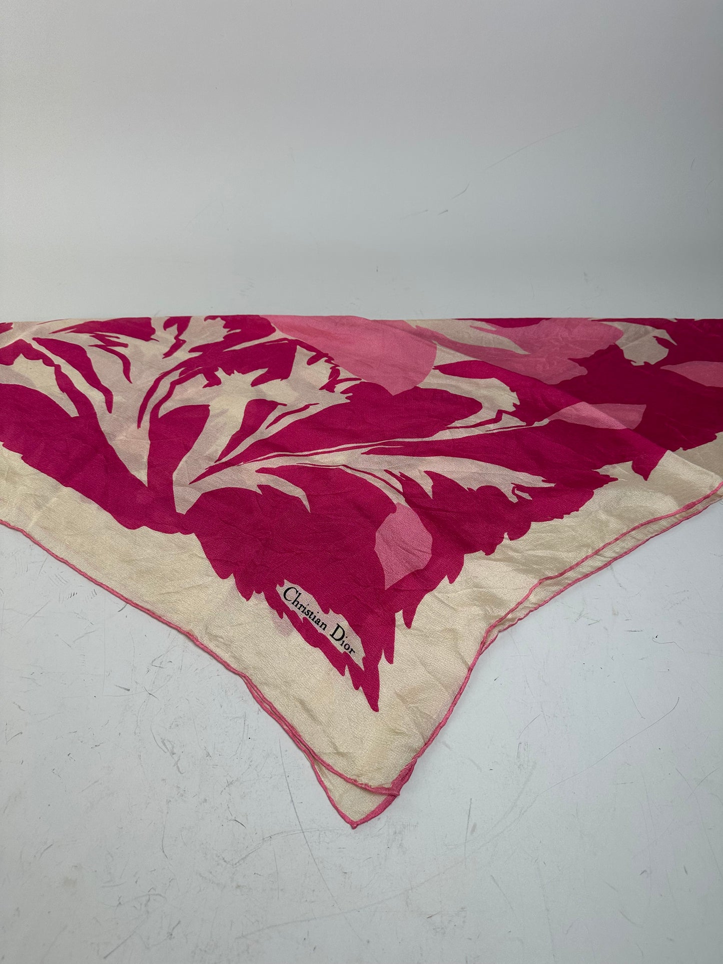 Vintage Dior Silk Foulard Scarf Cream Hot Pink