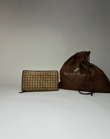 Vintage Bottega Veneta Intrecciato Leather Bifold Wallet Late 1980s Brown Gold