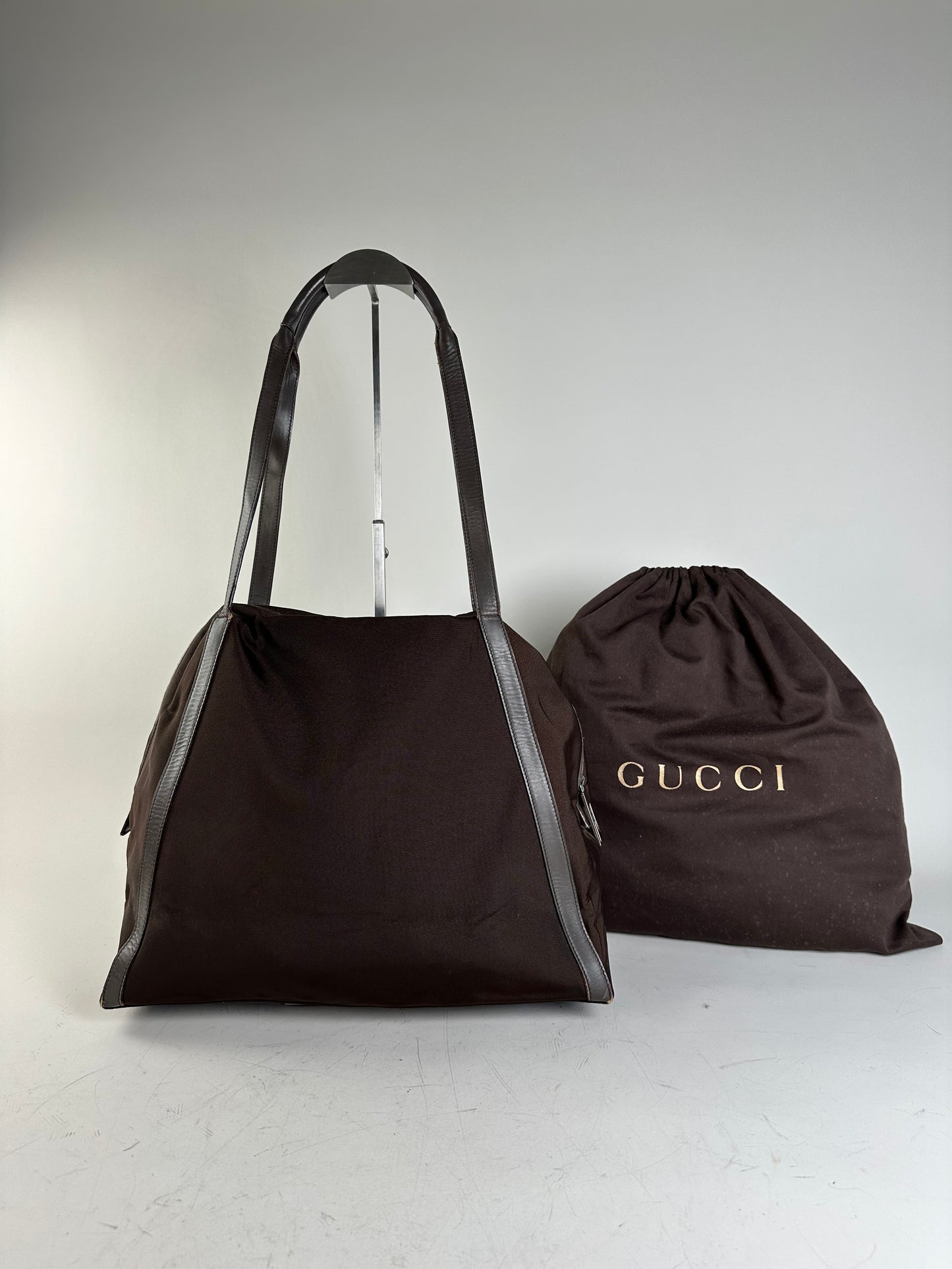 Vintage Gucci Nylon Tote Bag Brown Silver