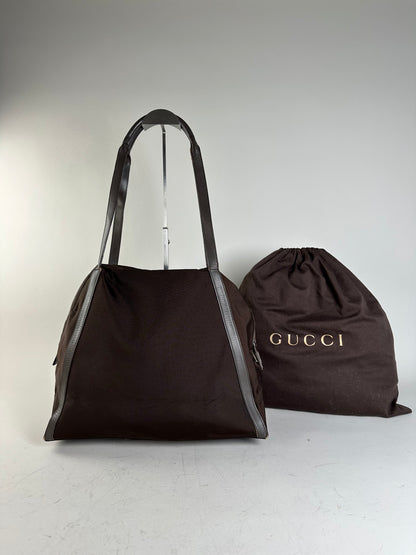 Vintage Gucci Nylon Tote Bag Brown Silver