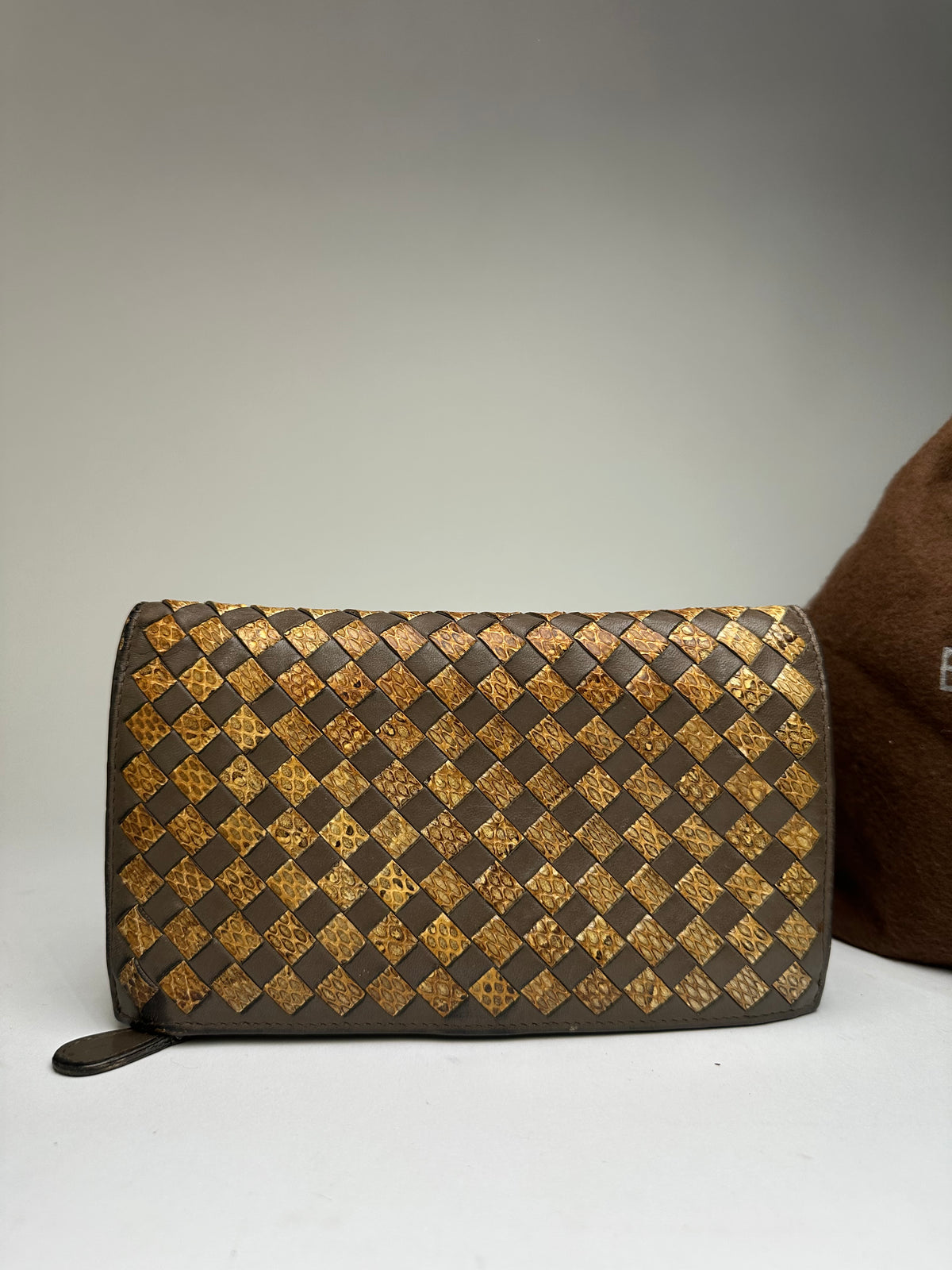 Vintage Bottega Veneta Intrecciato Leather Bifold Wallet Late 1980s Brown Gold
