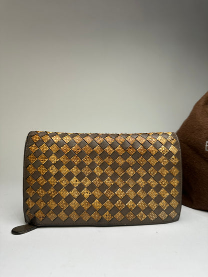 Vintage Bottega Veneta Intrecciato Leather Bifold Wallet Late 1980s Brown Gold