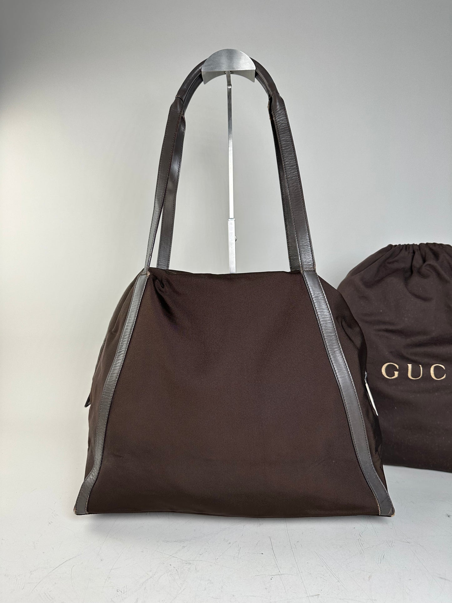 Vintage Gucci Nylon Tote Bag Brown Silver