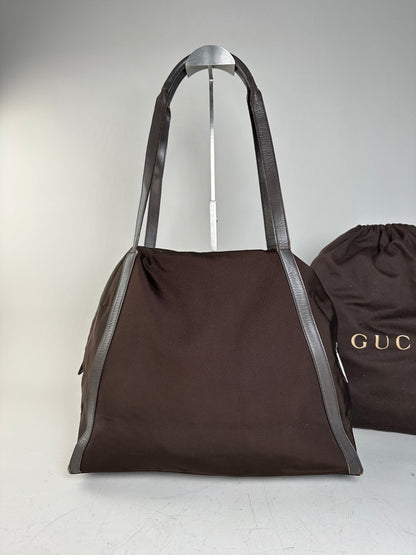 Vintage Gucci Nylon Tote Bag Brown Silver