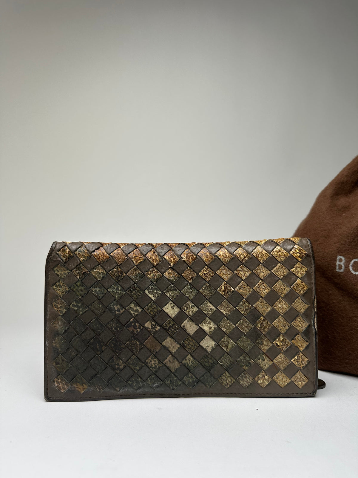 Vintage Bottega Veneta Intrecciato Leather Bifold Wallet Late 1980s Brown Gold