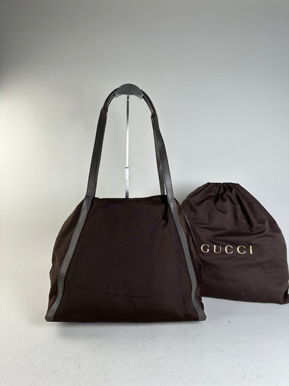 Vintage Gucci Nylon Tote Bag Brown Silver