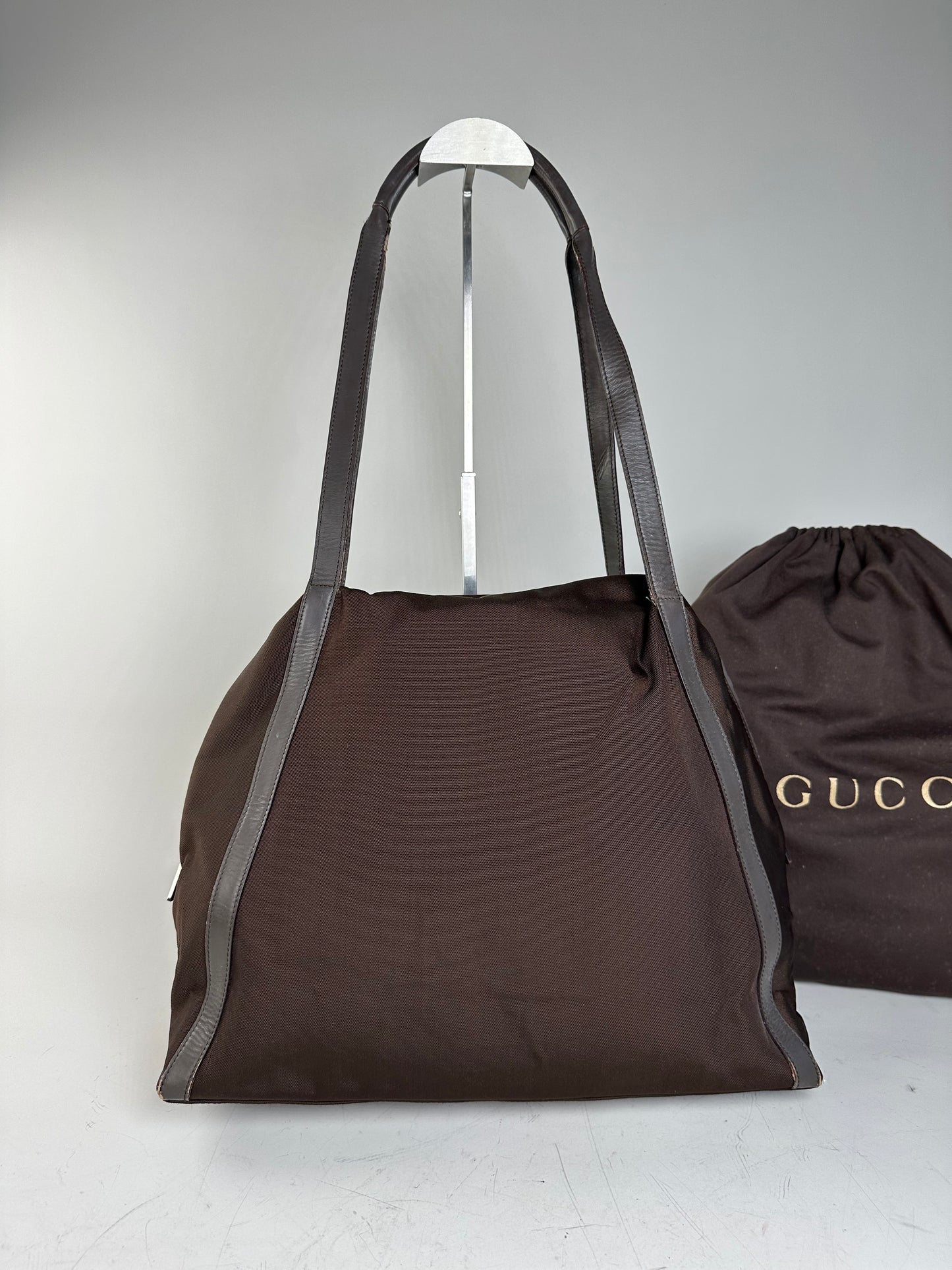 Vintage Gucci Nylon Tote Bag Brown Silver