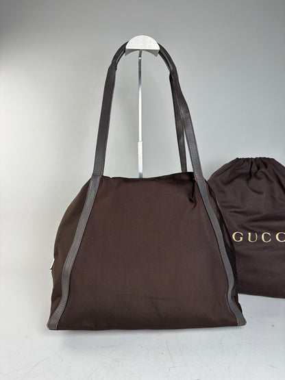 Vintage Gucci Nylon Tote Bag Brown Silver