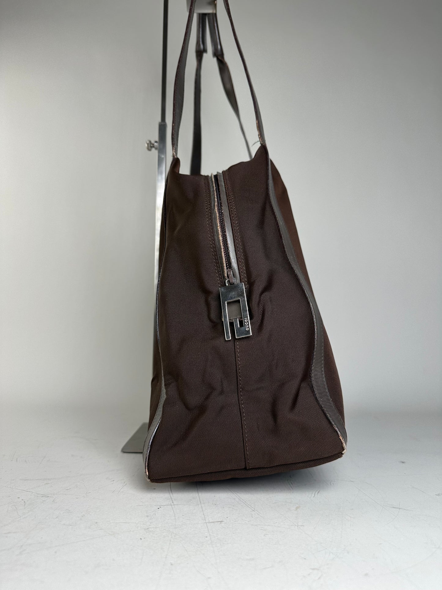 Vintage Gucci Nylon Tote Bag Brown Silver