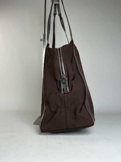 Vintage Gucci Nylon Tote Bag Brown Silver