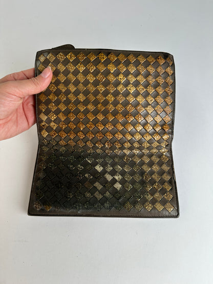 Vintage Bottega Veneta Intrecciato Leather Bifold Wallet Late 1980s Brown Gold