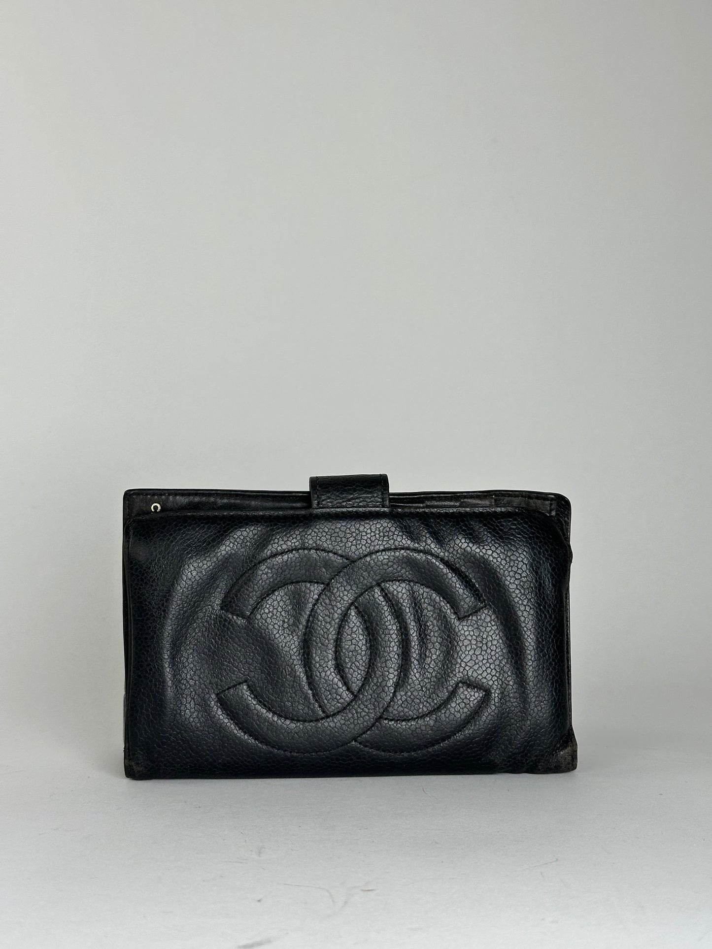 Chanel Black Leather Embossed Logo Wallet Accessory