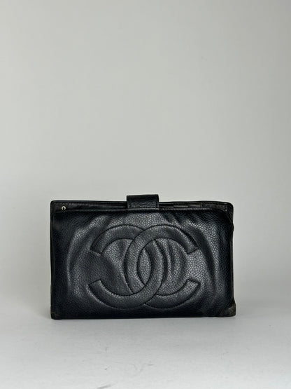 Chanel Black Leather Embossed Logo Wallet Accessory