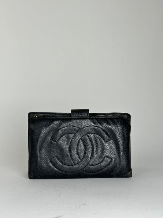 Chanel Black Leather Embossed Logo Wallet Accessory