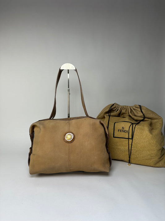 Vintage Fendi Croc-Effect Leather Top-Handle Bag Late 1970s Tan Brown