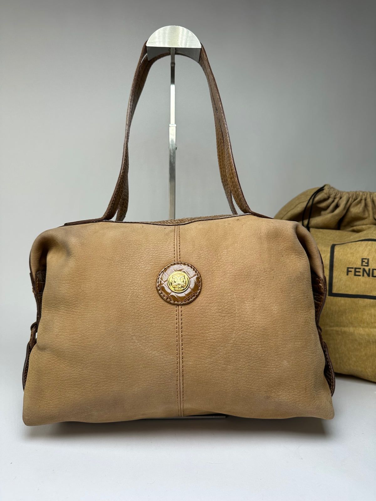 Vintage Fendi Croc-Effect Leather Top-Handle Bag Late 1970s Tan Brown