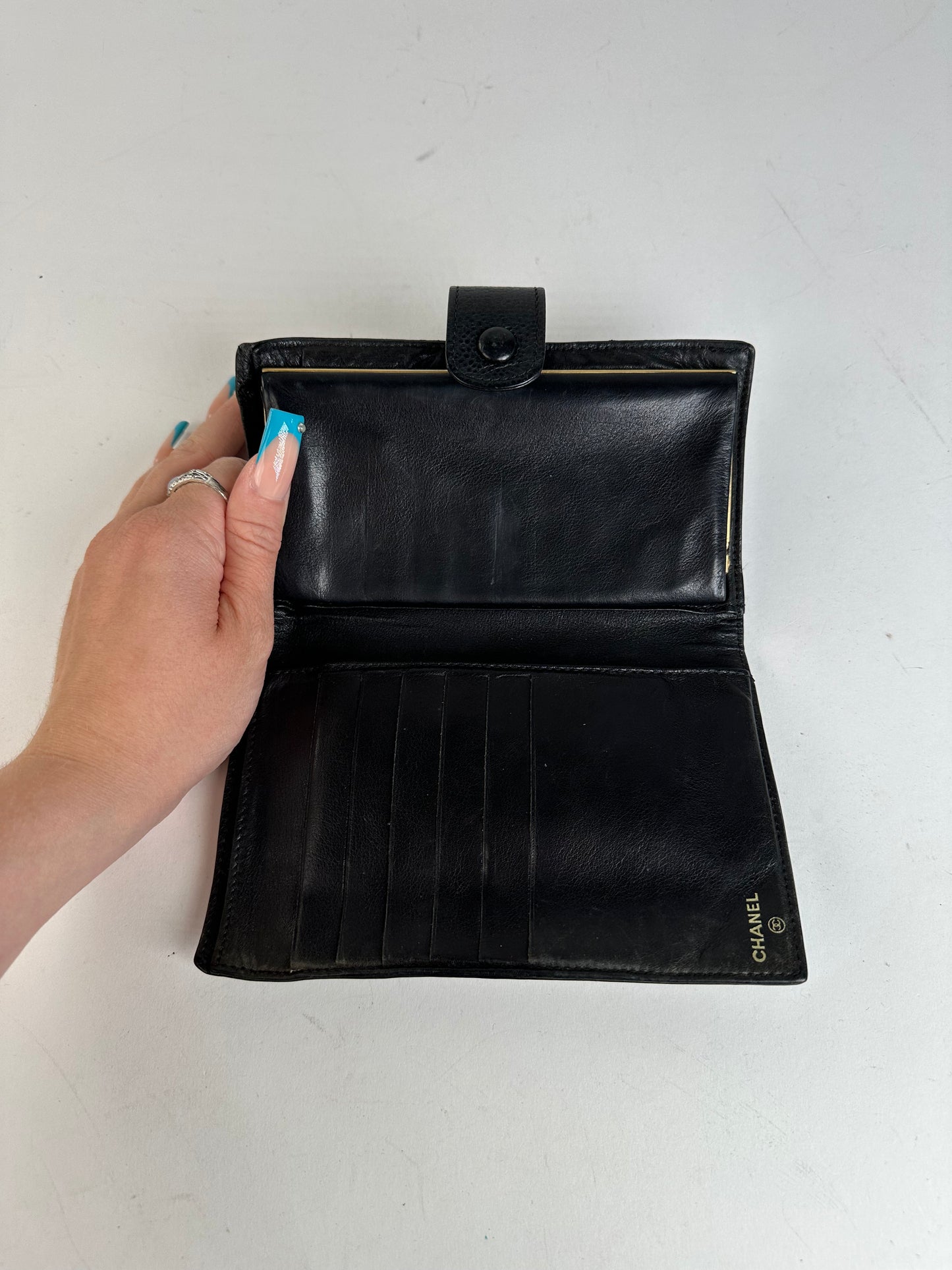 Chanel Black Leather Embossed Logo Wallet Accessory
