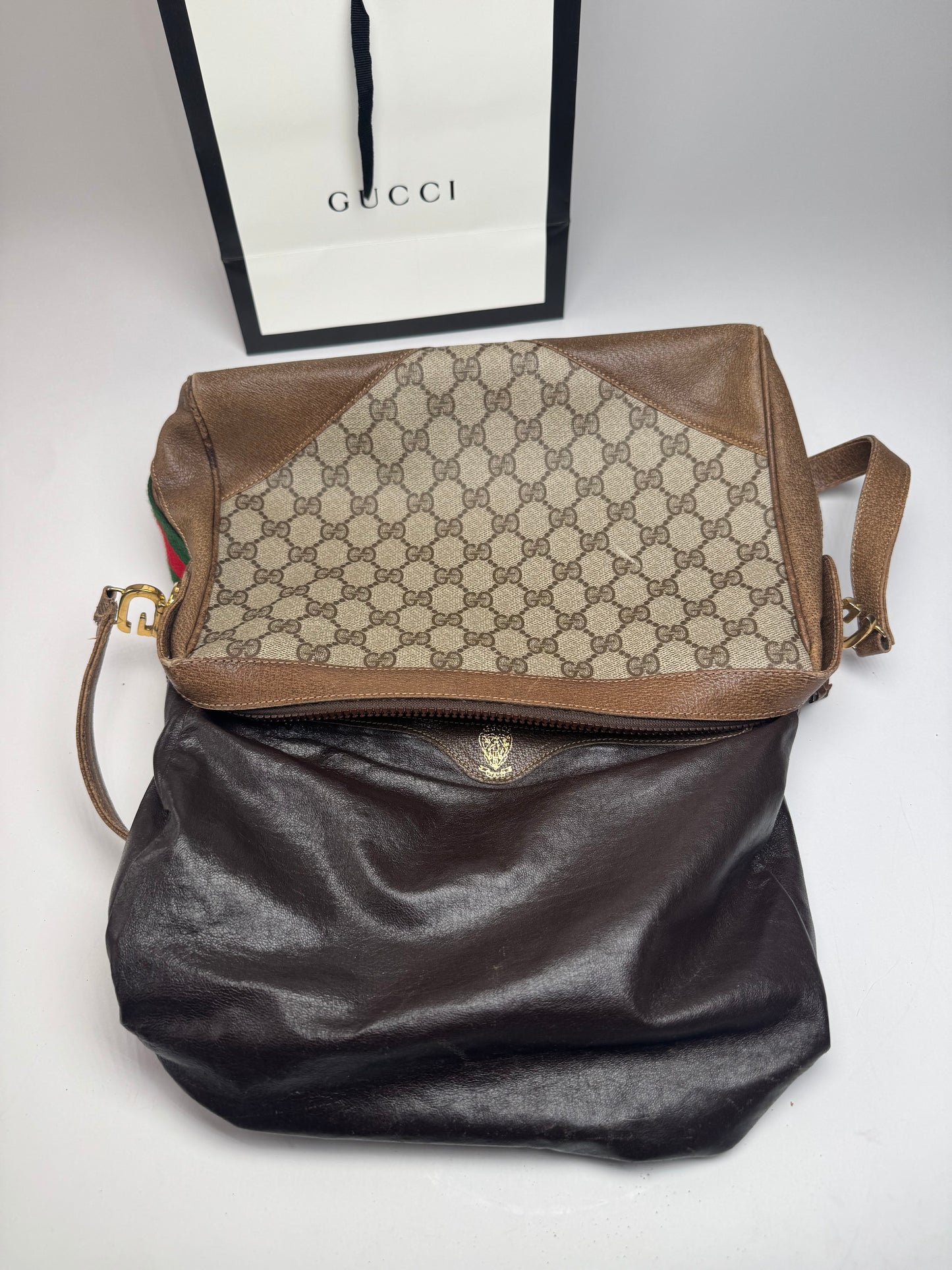 Vintage Gucci Monogram Leather Bag Grey Brown