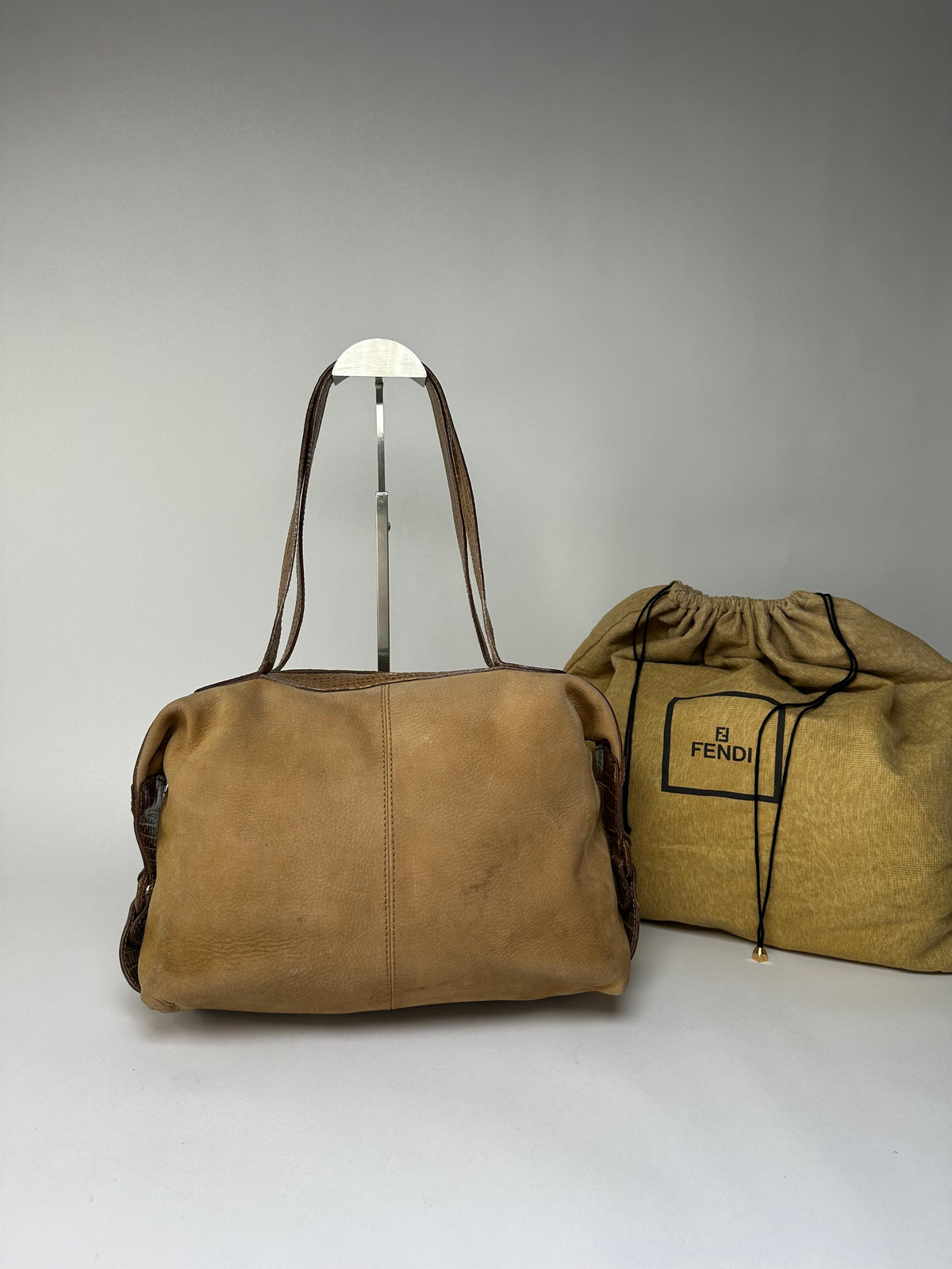 Vintage Fendi Croc-Effect Leather Top-Handle Bag Late 1970s Tan Brown
