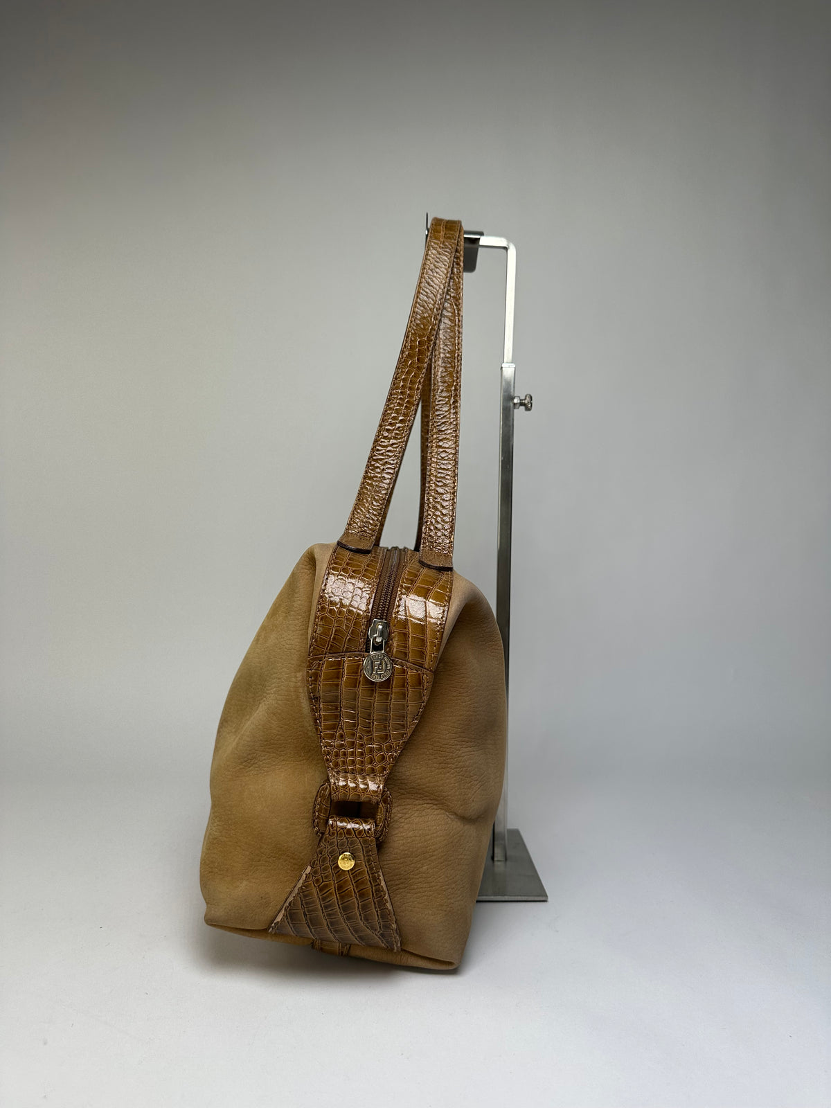 Vintage Fendi Croc-Effect Leather Top-Handle Bag Late 1970s Tan Brown