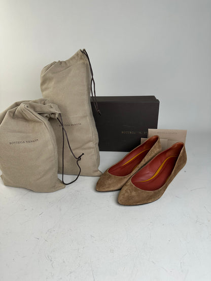 Vintage Bottega Veneta Suede Wedge Heels Tan Burgundy EU35.5