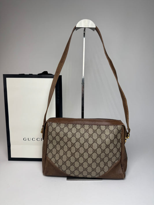 Vintage Gucci Monogram Leather Bag Grey Brown
