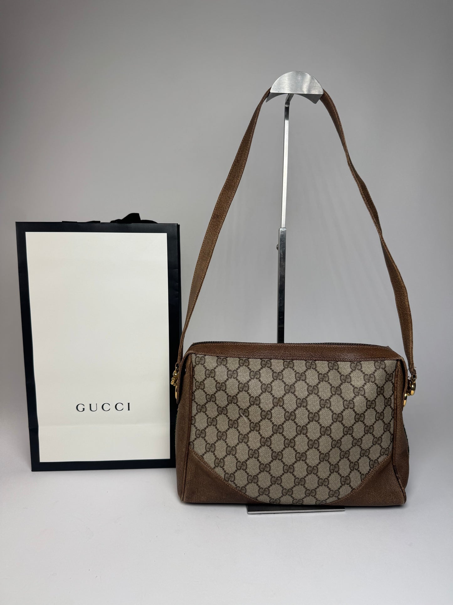 Vintage Gucci Monogram Leather Bag Grey Brown