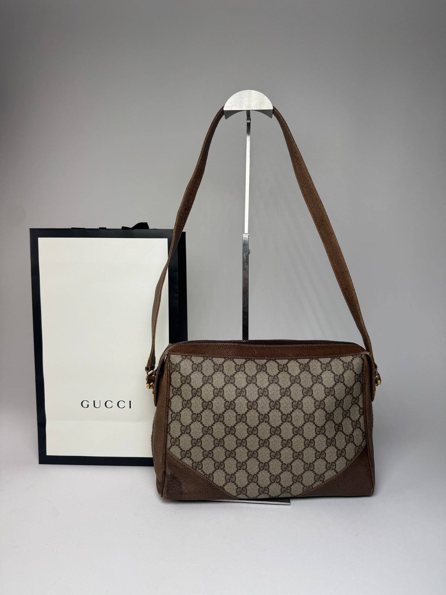 Vintage Gucci Monogram Leather Bag Grey Brown