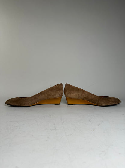 Vintage Bottega Veneta Suede Wedge Heels Tan Burgundy EU35.5