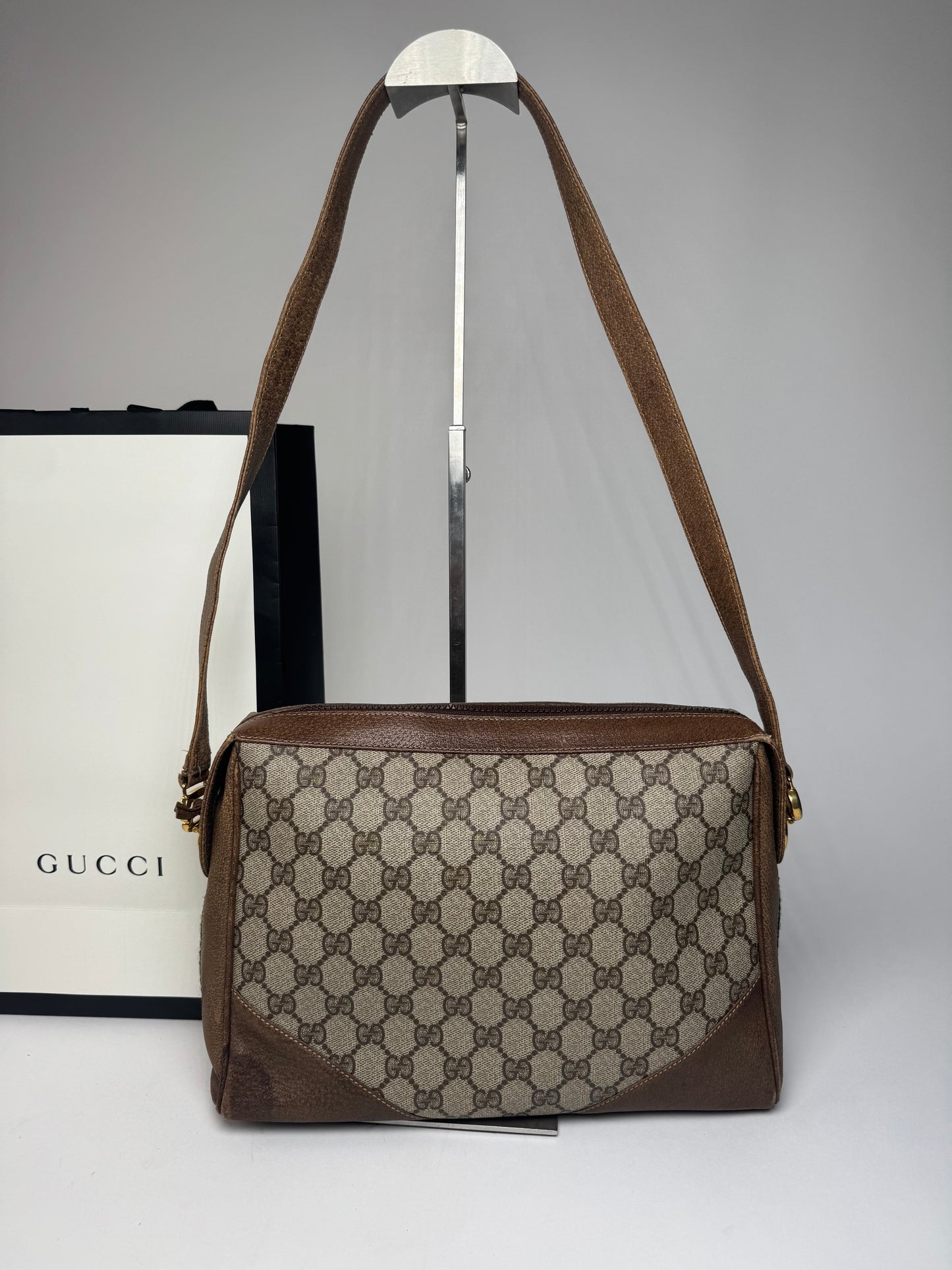 Vintage Gucci Monogram Leather Bag Grey Brown