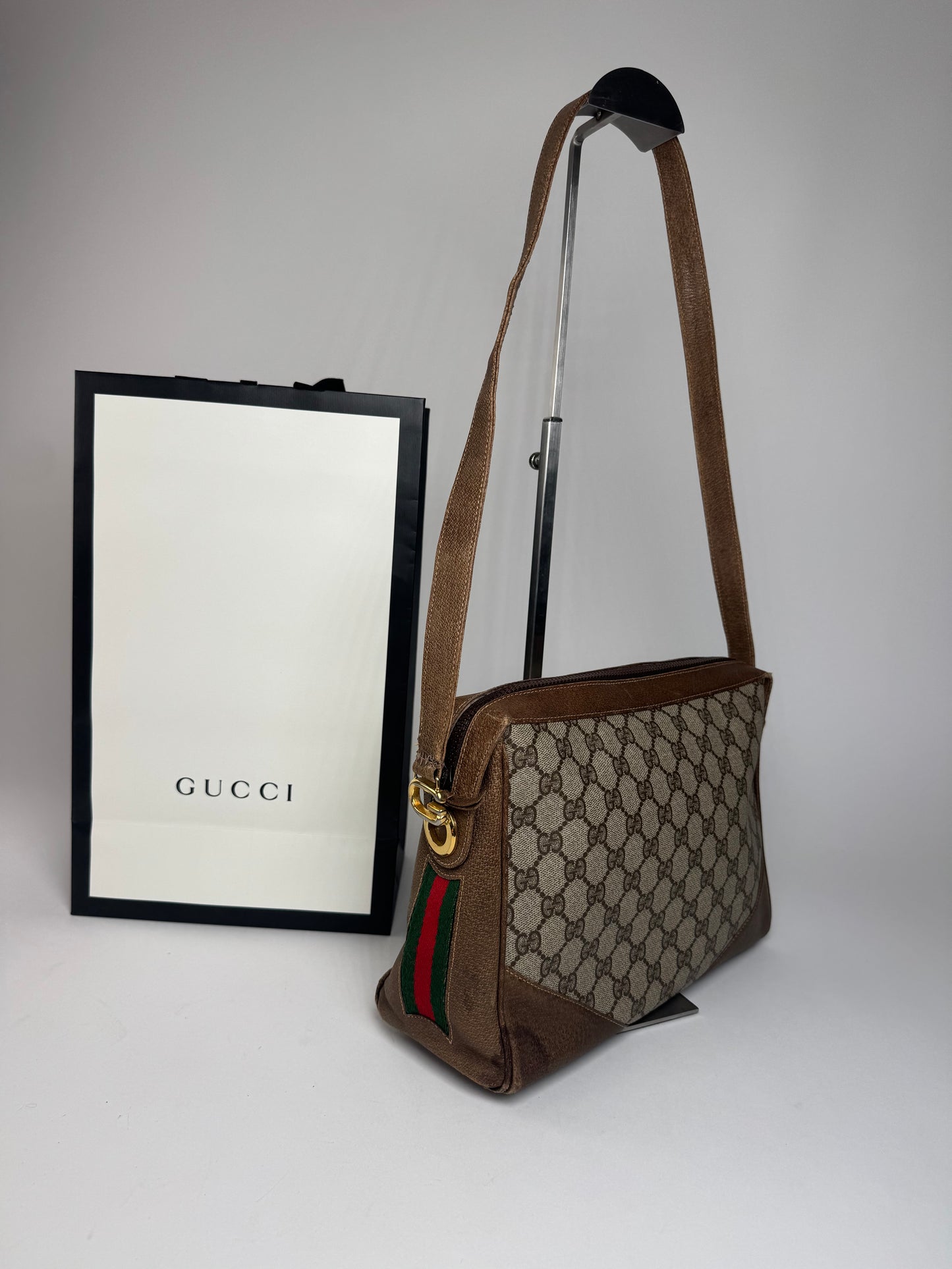 Vintage Gucci Monogram Leather Bag Grey Brown