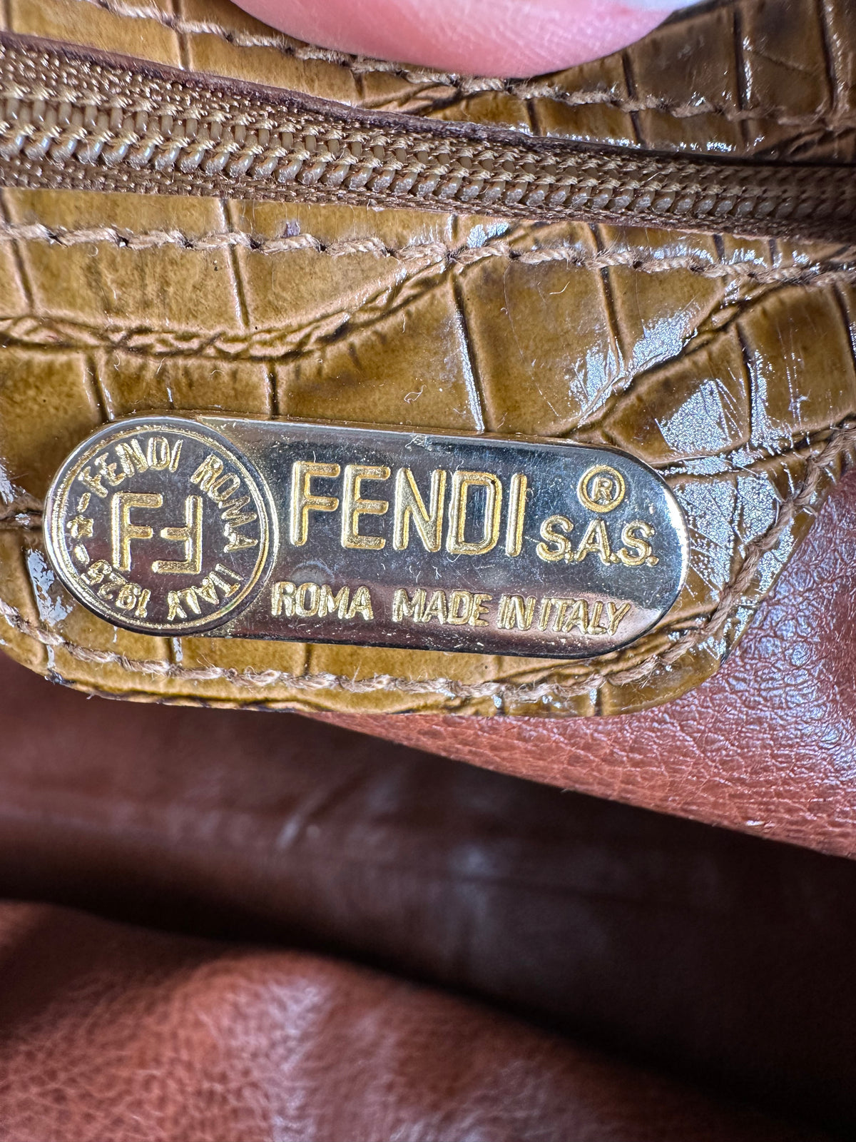 Vintage Fendi Croc-Effect Leather Top-Handle Bag Late 1970s Tan Brown