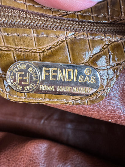 Vintage Fendi Croc-Effect Leather Top-Handle Bag Late 1970s Tan Brown