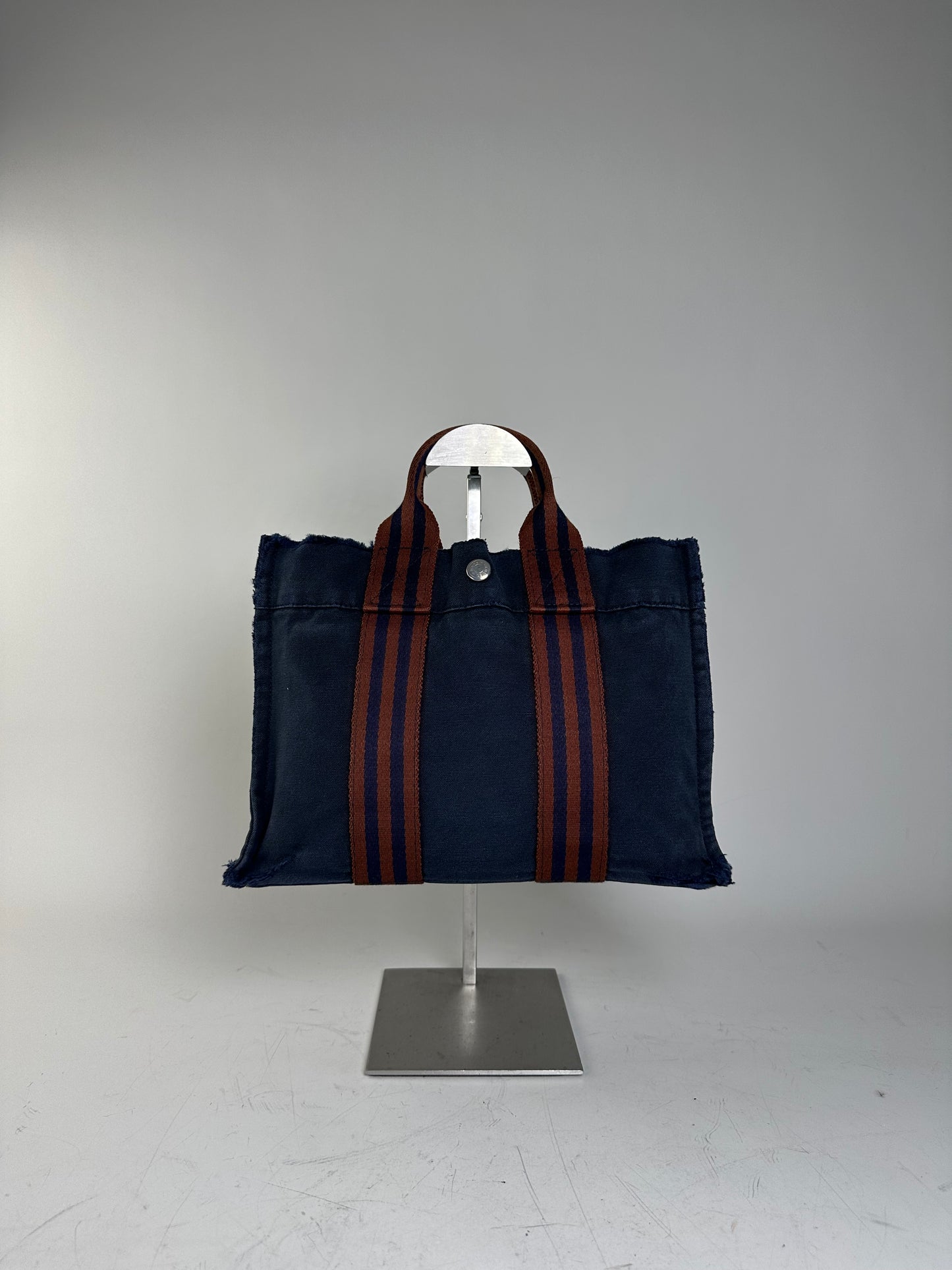 Vintage Hermes Cotton Tote Bag Navy Rust Silver Snap Early 2000s